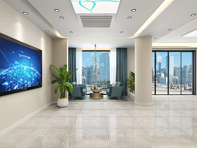 Modern Front Desk Reception Area With Sofa Plants TV Screen And City View Windows 3d model