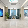 Modern Front Desk Reception Area With Sofa Plants TV Screen And City View Windows