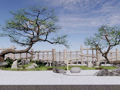 Japanese Garden Courtyard With Curved Pine Trees Wooden Fence And Gravel Ground 3d model