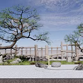 Japanese Garden Courtyard With Curved Pine Trees Wooden Fence And Gravel Ground