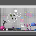 Vibrant Indoor Fitness Space With White Grid Wall Colorful Graffiti And Exercise Equipment