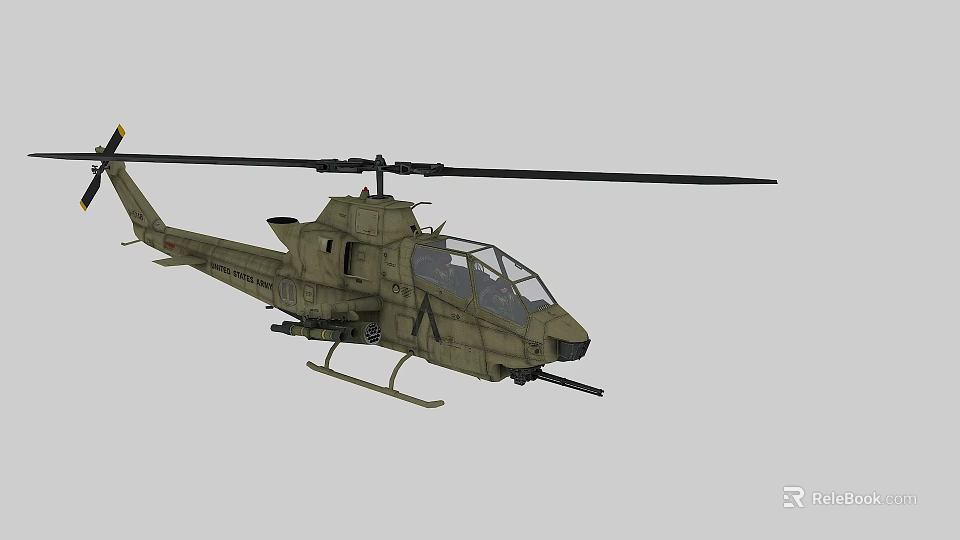 Military Helicopter With Rotors And Machine Gun On Gray Background 3d model 