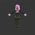 Woman With White Short Hair Black Skull Top Brown Pants Black Boots In Gray Background