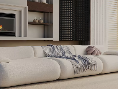 Cozy White Three-Seater Sofa In Living Room Interior With Plaid Throw And Soft Pillows 3d model