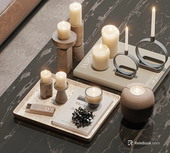 Elegant Decorative Ornament Set With Candles Candle Holders Trays Book And Black Accents 3d model 