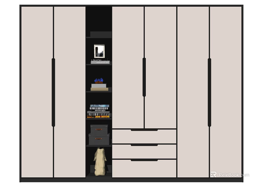 Modern Wardrobe Design With Beige And Black Doors Open Shelves And Drawers 3d model 