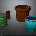 Colorful Containers Arrangement Featuring Green Striped Can Red Buckets And Blue Ceramic Pot