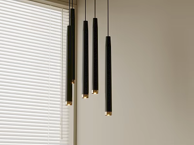 Modern Black Pendant Lights With Golden Accents Hanging Near Window With Blinds 3d model