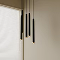 Modern Black Pendant Lights With Golden Accents Hanging Near Window With Blinds