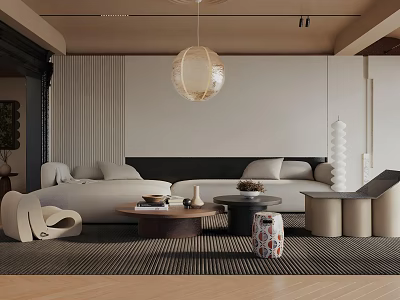 Warm Living Room Interior Design With Sofa Coffee Table Pendant Light And Decorative Rug 3d model