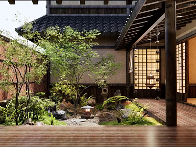 Traditional Japanese Courtyard Garden With Wooden Structure Stone Lantern Mossy Stones And Sliding Shoji Doors 3d model