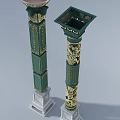 Ornate Traditional Green Columns With Golden Dragon Carvings And White Bases