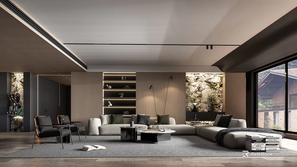 Modern Living Room Interior Design With Sectional Sofa Wooden Bookshelves And Green Plant Wall 3d model 