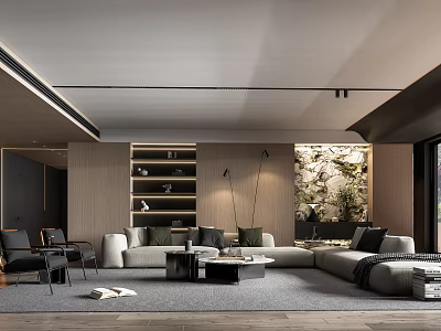 Modern Living Room Interior Design With Sectional Sofa Wooden Bookshelves And Green Plant Wall 3d model