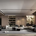 Modern Living Room Interior Design With Sectional Sofa Wooden Bookshelves And Green Plant Wall