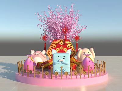 Pig Meichen Pig Carto Pig Spring Festival Pig Year of the Pig Pig New Year Gold Coin Peach Blossom Meichen Landscape Sick 3d model