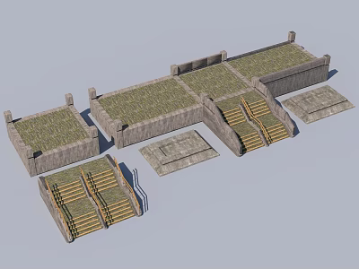 Ancient Stone Platform Structures With Wooden Steps And Green Covered Surfaces 3d model