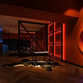 Hotel Guest Room Featuring Orange Walls Blue Curtains And City Night View Through Windows