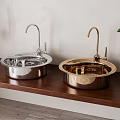 Contemporary Double Washbasin Design With Stainless Steel And Brass Sinks On Wooden Countertop
