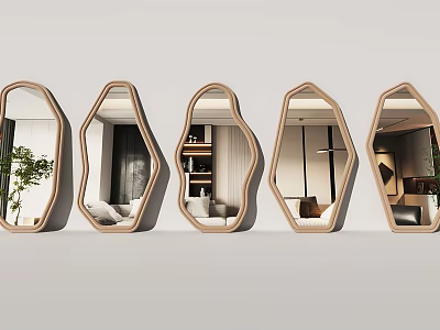 Decorative Mirrors With Unique Shapes And Wooden Frames Reflecting Home Interior Scenes 3d model
