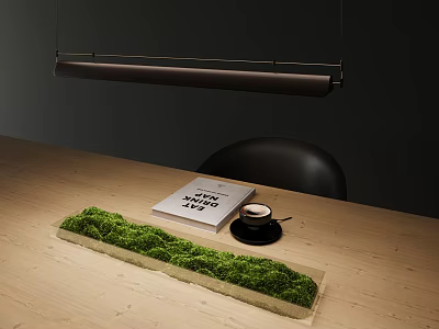 Decorative Ornament Set Featuring Moss Arrangement Book Coffee Cup On Wooden Table With Black Chair 3d model