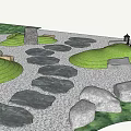 Garden Design with Stone Stepping Path Curved Green Lawn and Decorative Stones