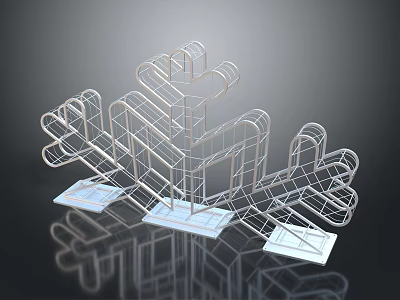 Artistic Public Facility Featuring Metal Frame Structure Multiple Curved Designs And Blue Bases 3d model