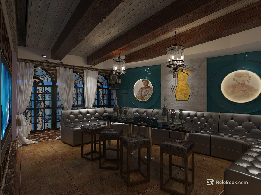 Elegant KTV Lounge Interior With Wooden Ceiling Chandeliers Circular Paintings Leather Sofa And Bar Stools 3d model 