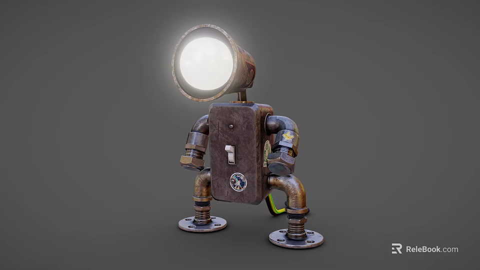 Vintage Industrial Metal Robot Character With Head Lamp And Mechanical Limbs 3d model 