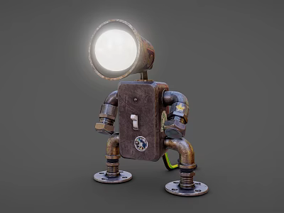 Vintage Industrial Metal Robot Character With Head Lamp And Mechanical Limbs 3d model
