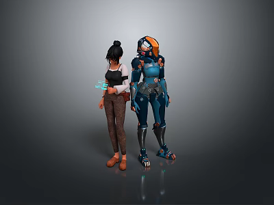 Black Haired Human Character With Scroll Standing By Blue Armored Creature With Orange Hair 3d model