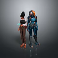 Black Haired Human Character With Scroll Standing By Blue Armored Creature With Orange Hair
