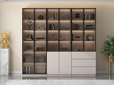 Modern Bookcase With Glass Doors Layered Shelves Built-in LED Lights And Storage Cabinets 3d model