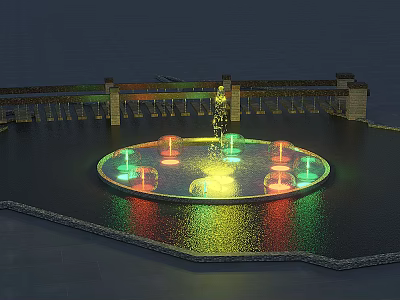 Garden Ornament With Floating Circular Design Colorful Lights And Water Reflections 3d model