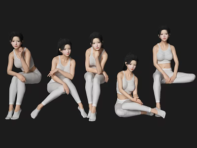 Women In White Sportswear Posing With Various Sitting Positions On Black Background 3d model