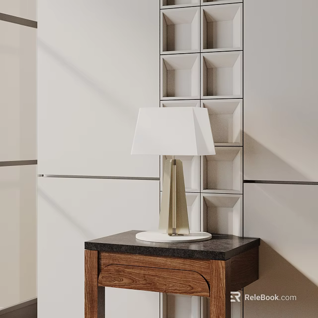 White Shade Gold Base Table Lamp On Dark Countertop Wooden Cabinet With White Grid Shelf 3d model 