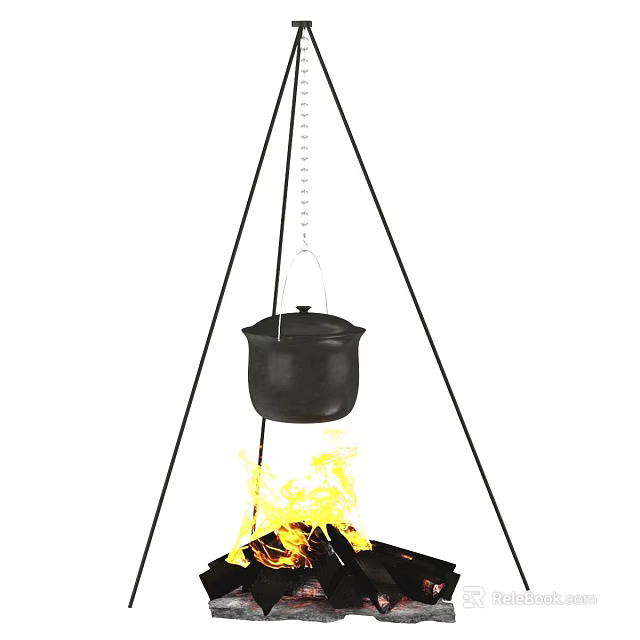 Outdoor Garden Decor Featuring Hanging Cast Iron Pot Over Tripod With Flames 3d model 