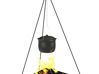 Outdoor Garden Decor Featuring Hanging Cast Iron Pot Over Tripod With Flames 3d model