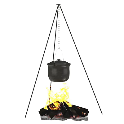 Outdoor Garden Decor Featuring Hanging Cast Iron Pot Over Tripod With Flames 3d model
