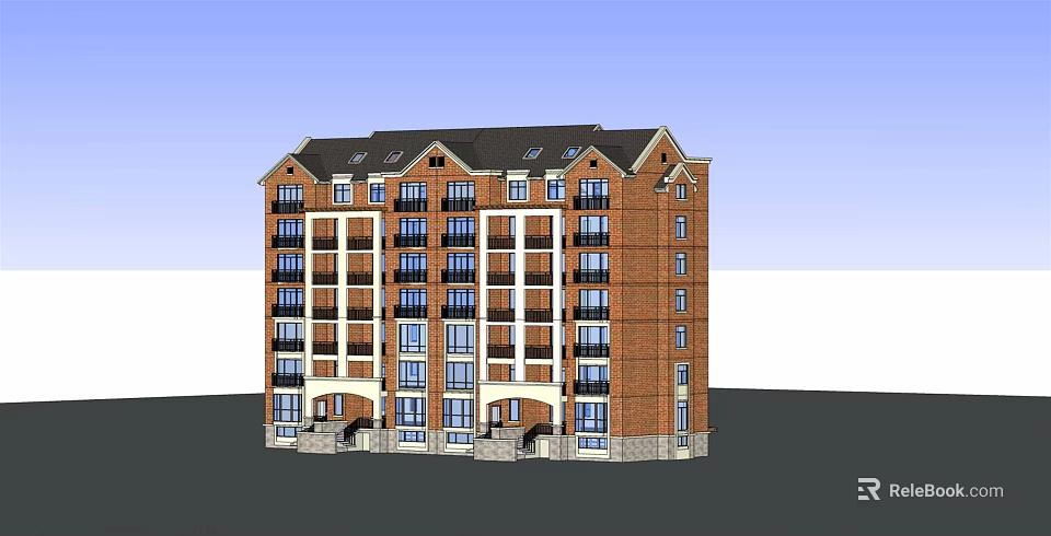 Red Brick Multi Storey Apartment Building With Balconies Windows And Dark Roof 3d model 