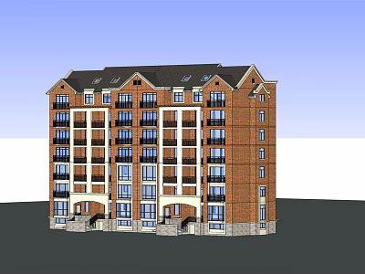 Red Brick Multi Storey Apartment Building With Balconies Windows And Dark Roof 3d model