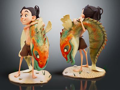 Modern game character fishing boy cartoon boy 3d model