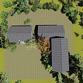 Modern Brick House Exterior With Flowering Trees Grassland And Mountain Backdrop