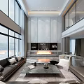 Duplex Living Room Modern Interior With High Ceiling Large Windows Sofa And Decorative Painting