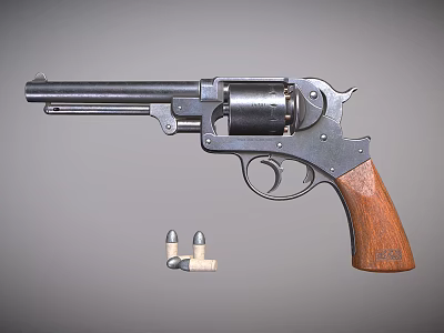 Classic Revolver With Steel Cylinder Wooden Grip And Bullets On Gray Background 3d model