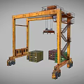 Yellow Industrial Gantry Crane With Rustic Metal Frame And Multicolored Containers Below