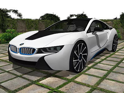 White And Black BMW i8 Sports Car In Outdoor Garden Setting With Greenery 3d model
