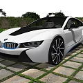 White And Black BMW i8 Sports Car In Outdoor Garden Setting With Greenery