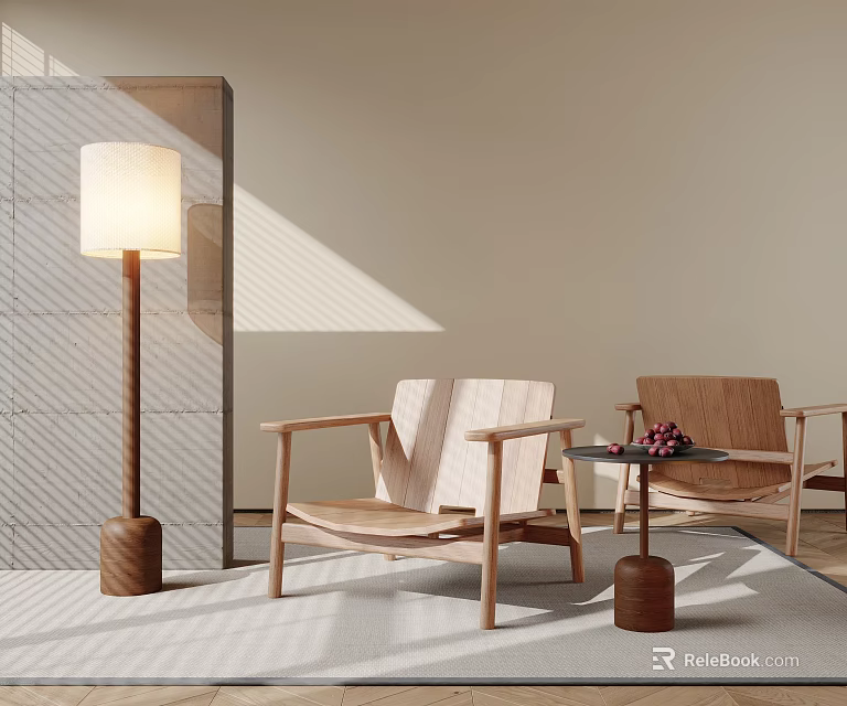 Elegant Wooden Leisure Chairs With Grapes On Side Table And Floor Lamp In Modern Interior 3d model 