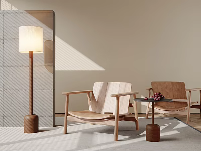 Elegant Wooden Leisure Chairs With Grapes On Side Table And Floor Lamp In Modern Interior 3d model